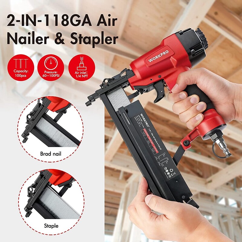WORKPRO 18 GA 2 in 1 Pneumatic Brad Nailer Nail Gun Crown Stapler W/400pcs Nails gallery