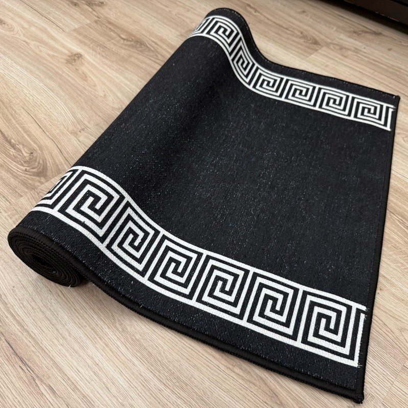 Non Slip Meander Bordered Black Design Low Pile Rug Runner with Wide Options gallery