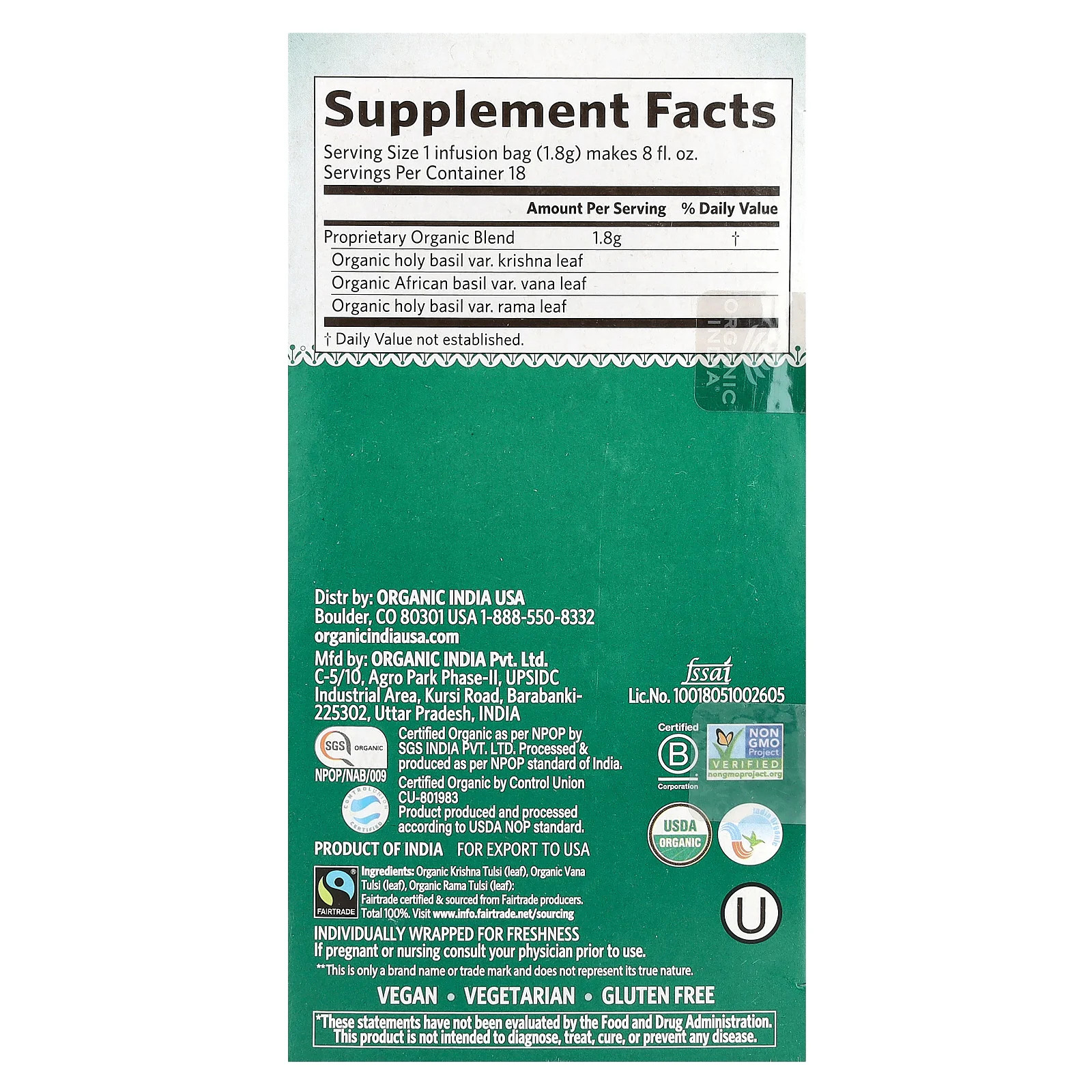 Tulsi Tea, Original, Caffeine-Free, 18 Infusion Bags, 1.14 oz (32.4 g) gallery
