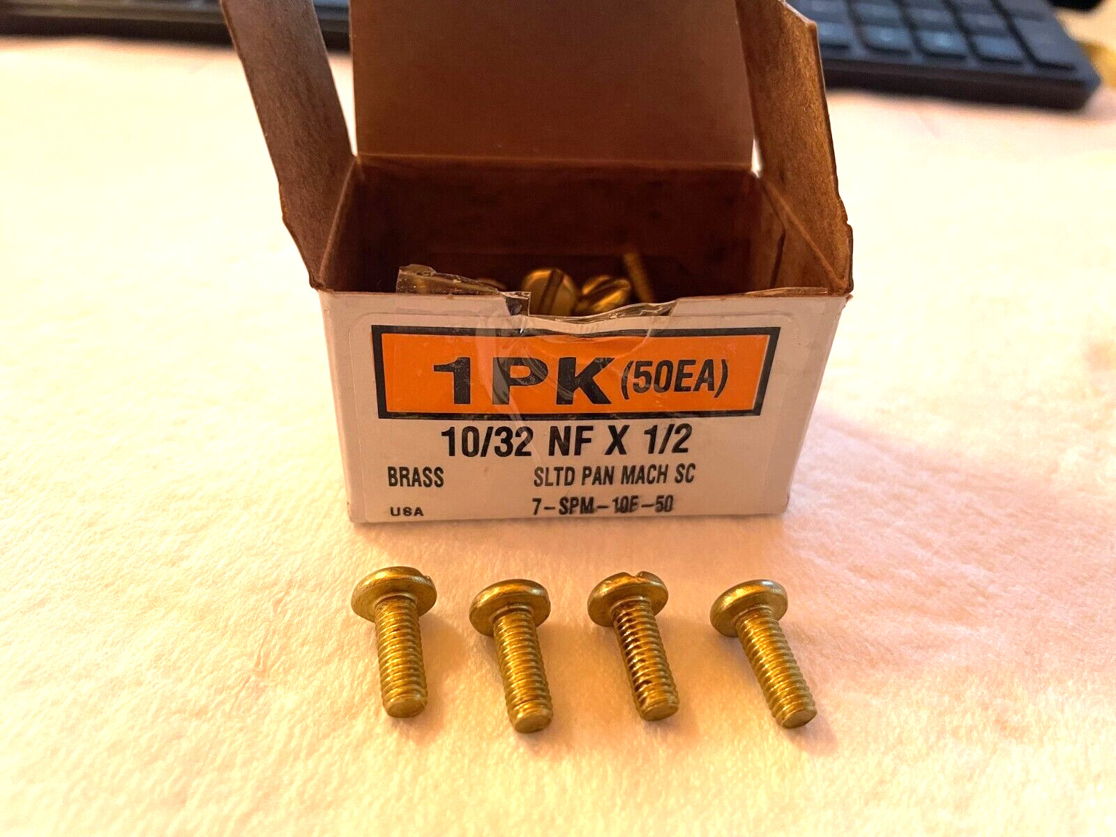 Brass Pan Head Standard Slotted Machine Screws, 10/32 x 1/2" length, Set of (4) gallery