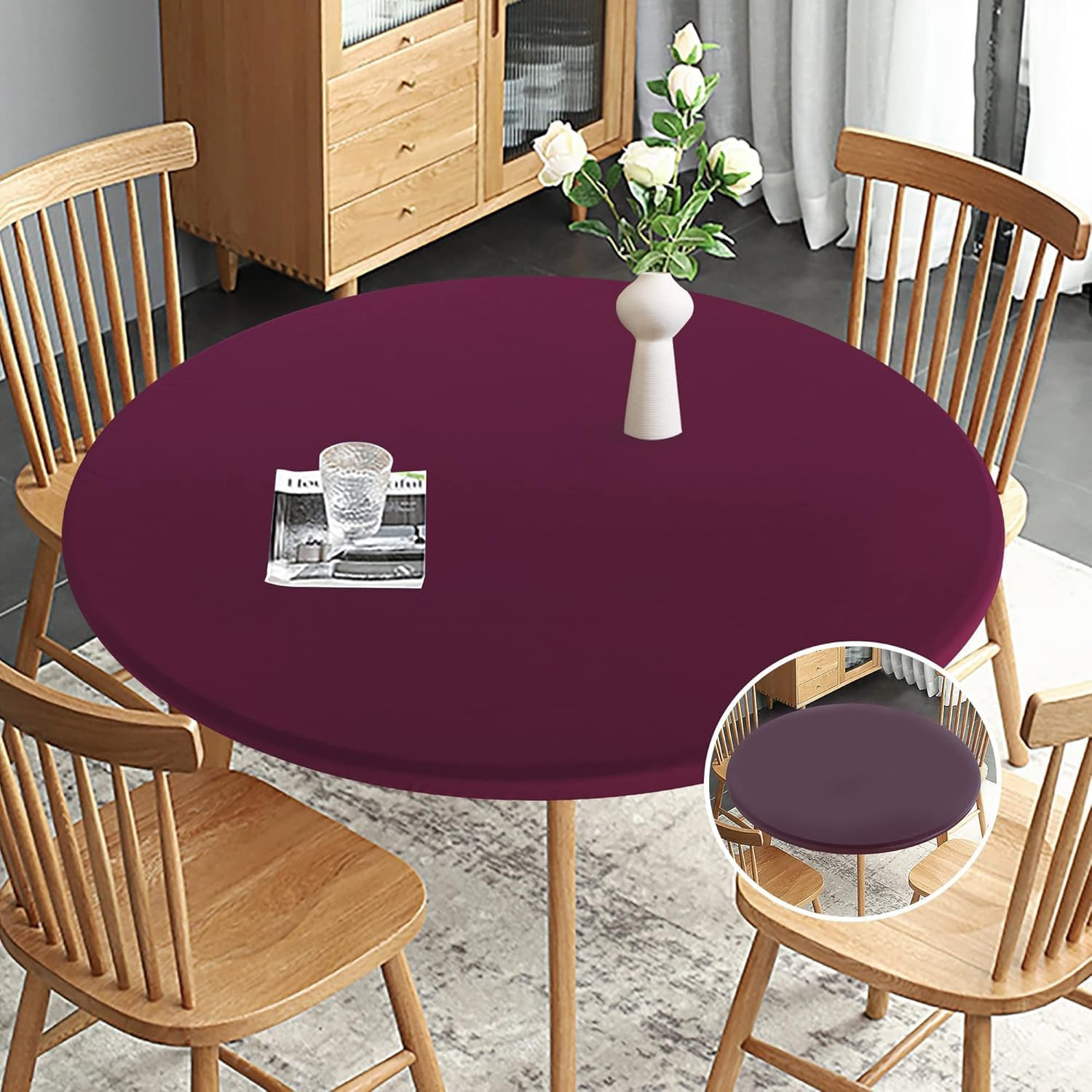 Fitted round Table Cloth, Reversible Waterproof Stain Resistant Elastic Stretch gallery