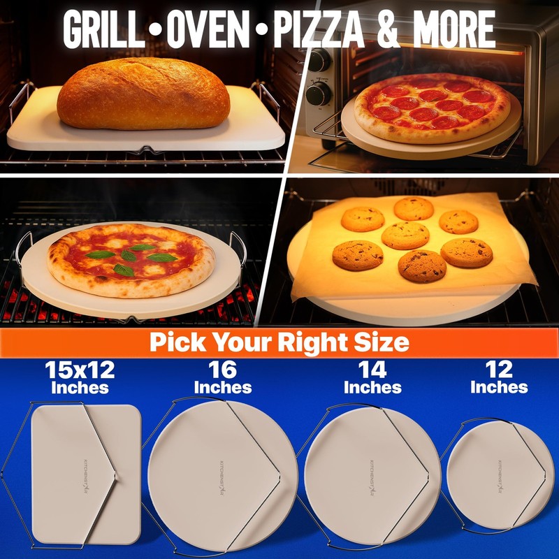 15x12 Inch Rectangular Cordierite Pizza Stone Handles Rack Scraper Set gallery