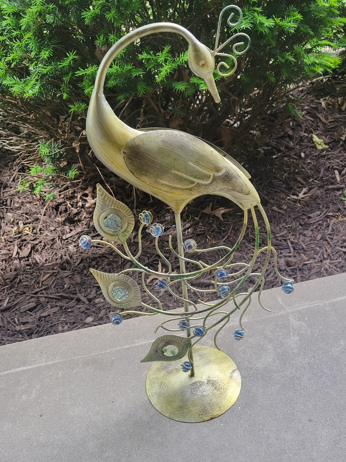 Metal Peacock Decor Garden Sculptures Statues Blue Marble Accents Goldtone 23" gallery