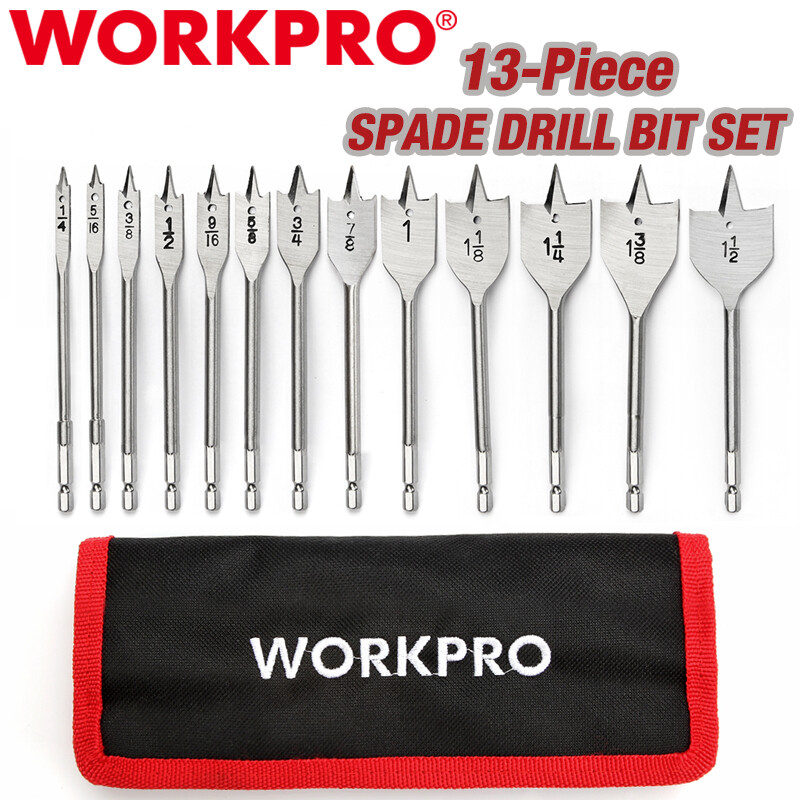 WORKPRO Spade Drill Bit Set 13PC Paddle Flat Bit SAE for Woodworking Nylon Pouch gallery