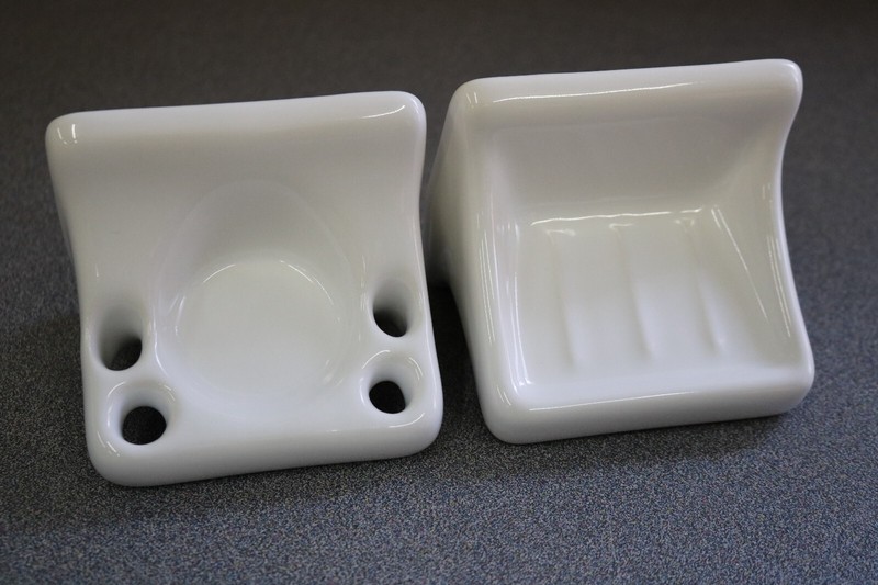 ACP Flat-Back Glossy White Ceramic Soap Dish & Toothbrush Holder Bathroom Set gallery