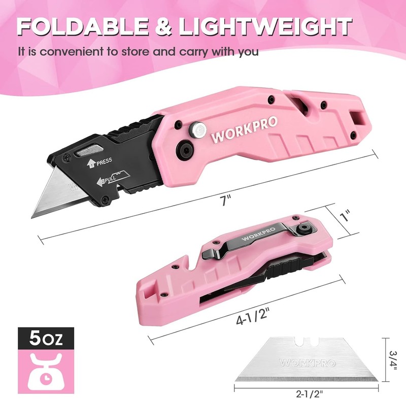 WORKPRO Folding Utility Knife Quick Change Box Cutter Pink Razor Knife 10 Blades gallery