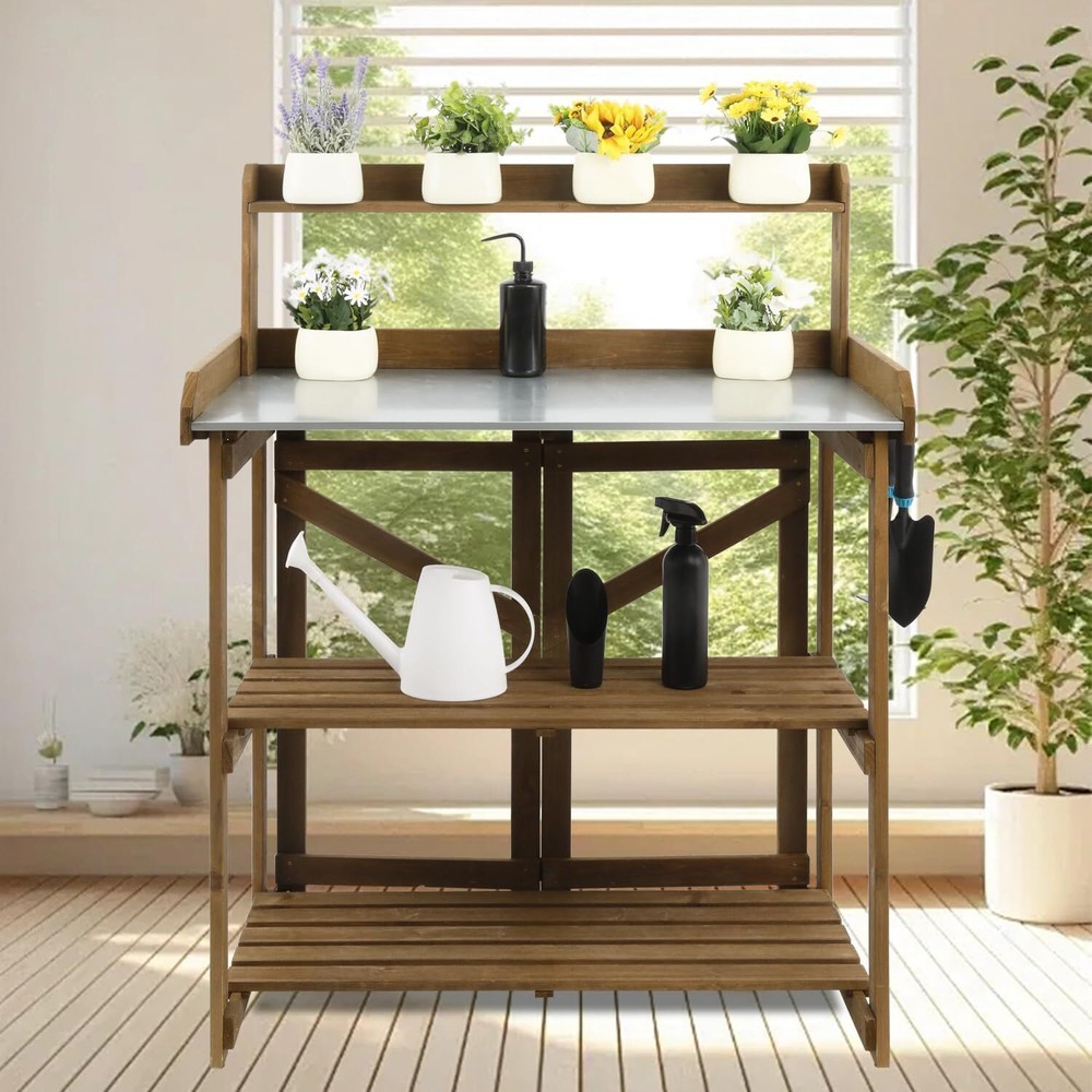 PetsCosset Folding Garden Potting Bench Table Outdoor Wooden Work Station