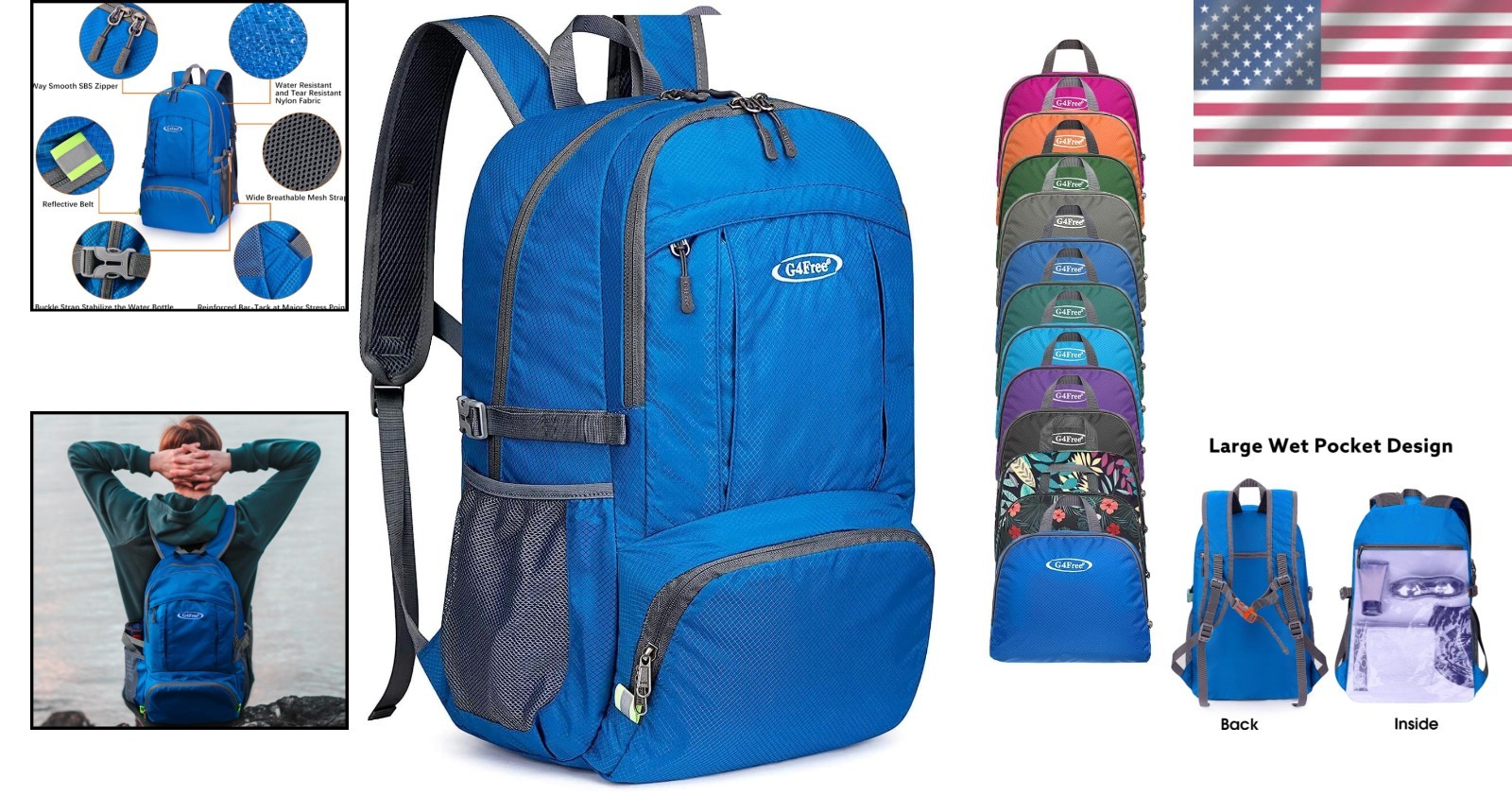 Lightweight Packable Hiking Backpack with Waterproof Wet Pocket - 40L Storage 2