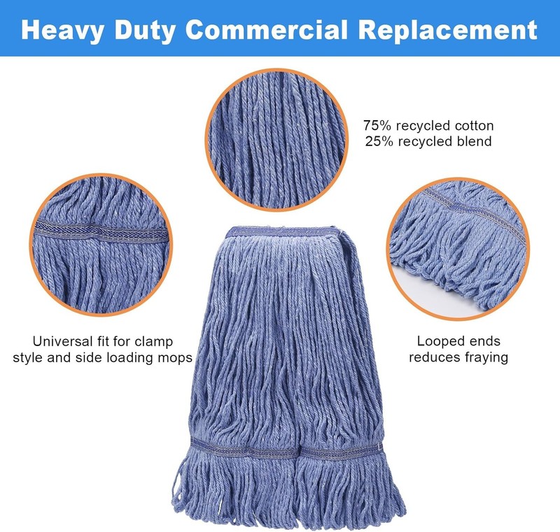 2 Pack Blue Commercial Mop Head Replacement Reusable Cotton Looped End Refills gallery