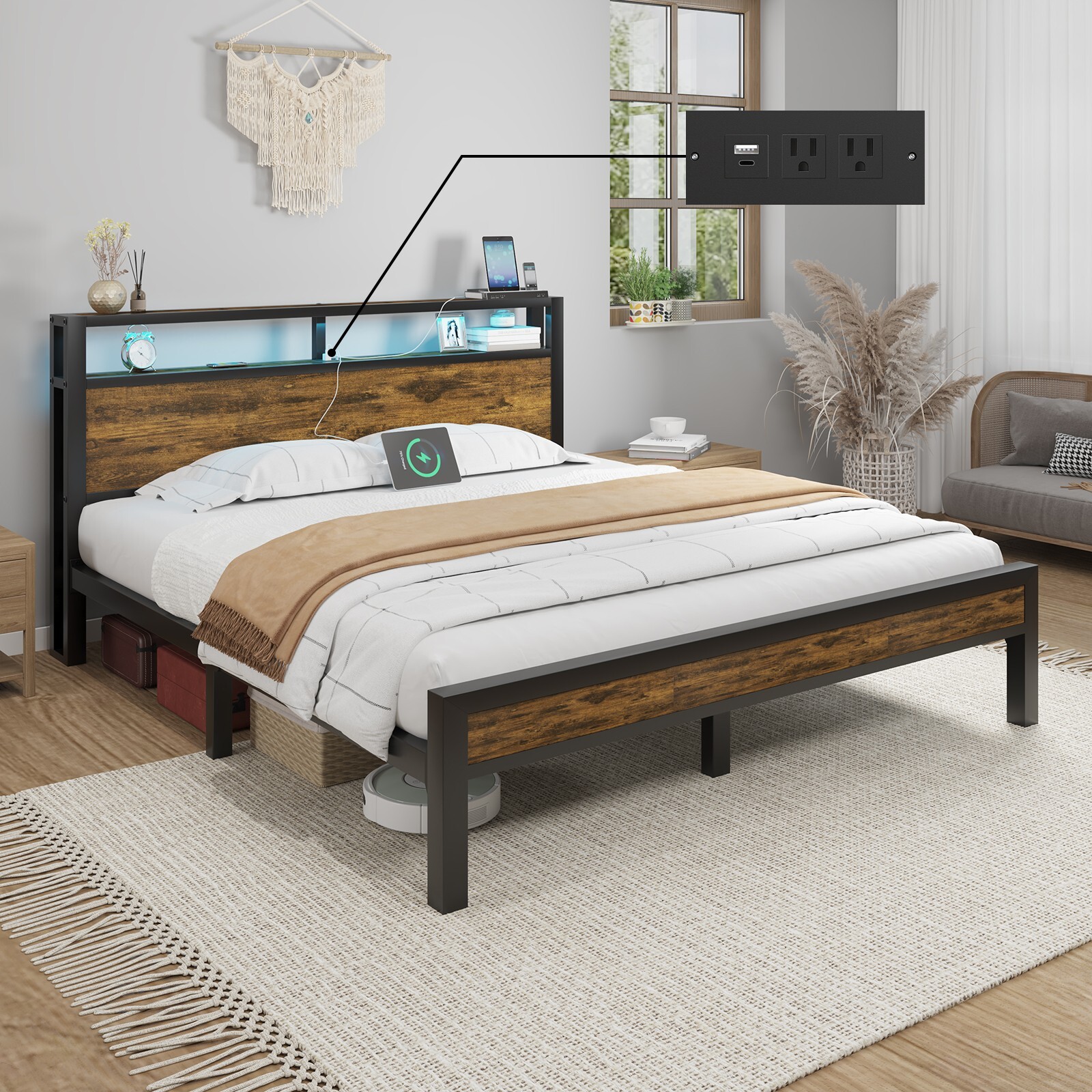 Full/Queen/King Size Metal Bed Frame Platform with 2-Tier Storage and LED lights gallery