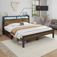 Full/Queen/King Size Metal Bed Frame Platform with 2-Tier Storage and LED lights