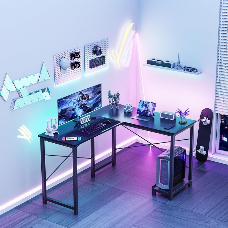 Home Office L Shape Corner Computer Desk Gaming PC Table with CPU Stand Side Bag gallery
