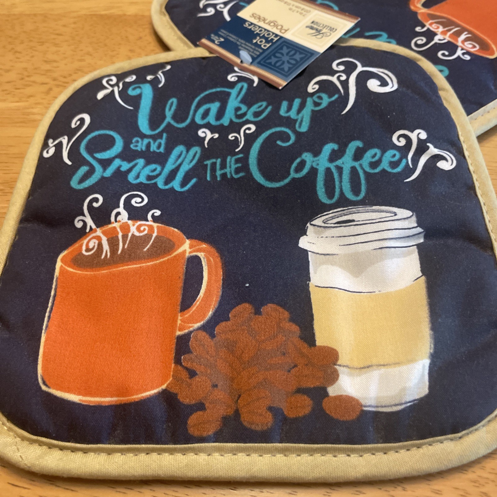 NWT~ Home Collection Pot Holders Wake up & Smell THE Coffee ~ 7” x 7” gallery