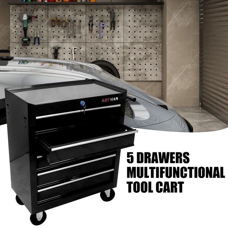 Black 5-Drawer Lockable Rolling Tool Chest Garage Storage Cabinet with Wheels gallery