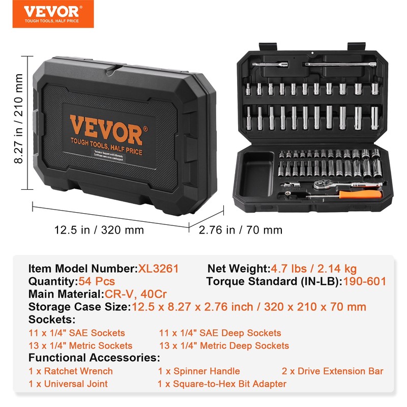 VEVOR Socket Set 1/4 Inch Drive Socket and Ratchet Set 6-Point 54 Pcs Tool Set gallery
