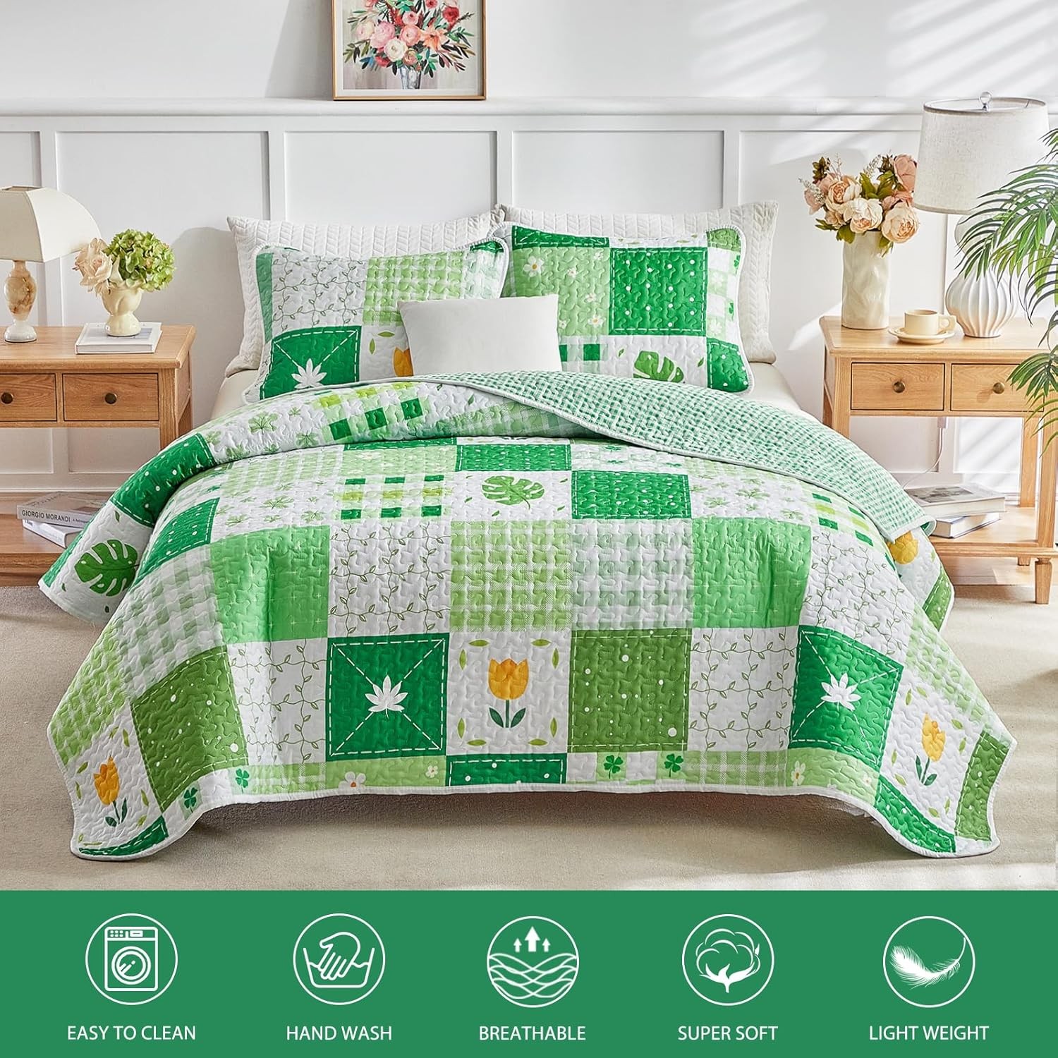 Queen Size 3-Piece Patchwork Quilt Set Green Pink White Leaves Floral Plaid gallery