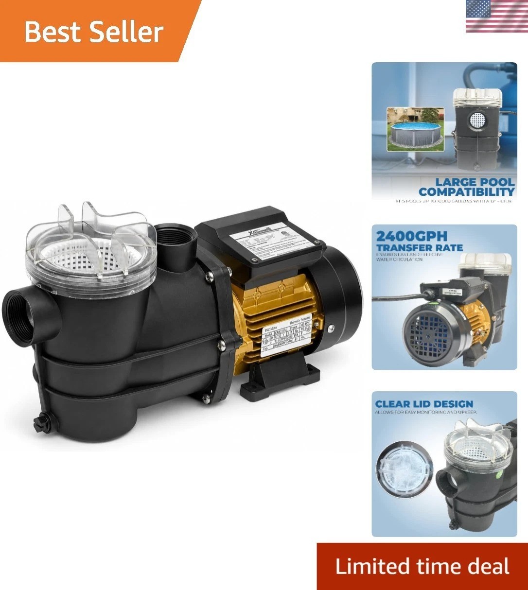 Efficient 3/4HP Pool Pump 2400GPH with Low Noise Operation & Easy Maintenance gallery