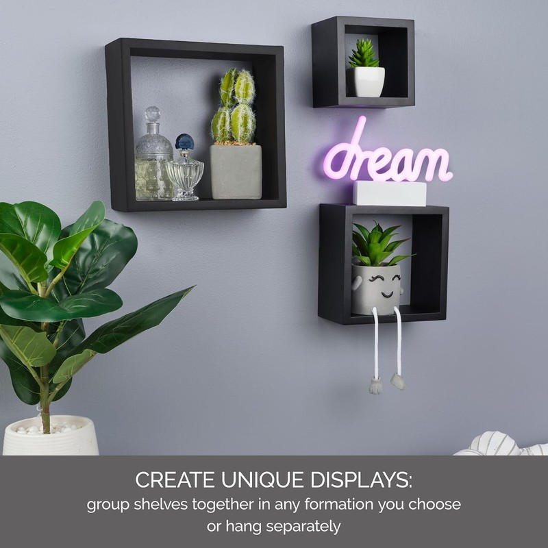 Floating Wall Square Cube Shelves for Bedroom,Living Room,Bathroom,Set of 3Black gallery