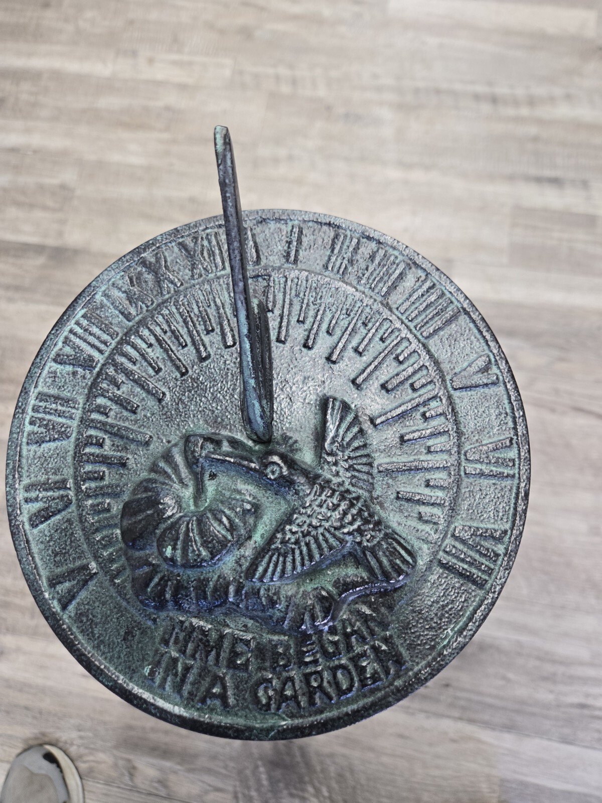 TIME BEGAN IN A GARDEN SUNDIAL WITH BASE APROX 7" WIDE 25 " HIGH gallery