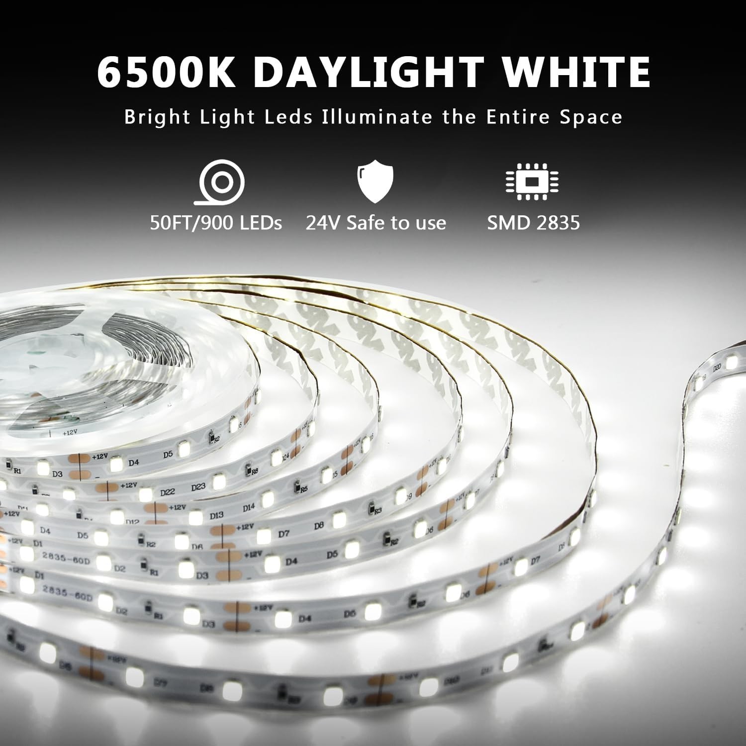 White LED Strip Lights 50Ft Dimmable Bright 24V Led Light Strip 6500K Daylight gallery
