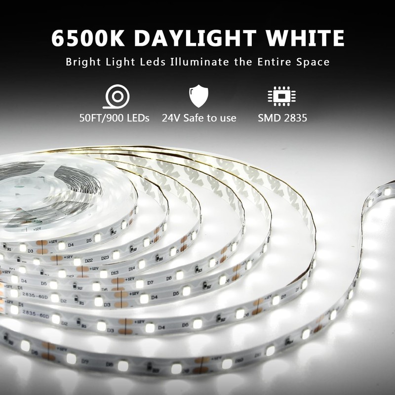 White LED Strip Lights 50Ft Dimmable Bright 24V Led Light Strip 6500K Daylight gallery