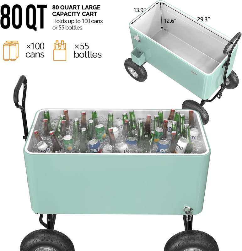 VINGLI 80 Quart Wagon Rolling Cooler Ice Chest, W/Long Handle and 10" Wheels, Po gallery