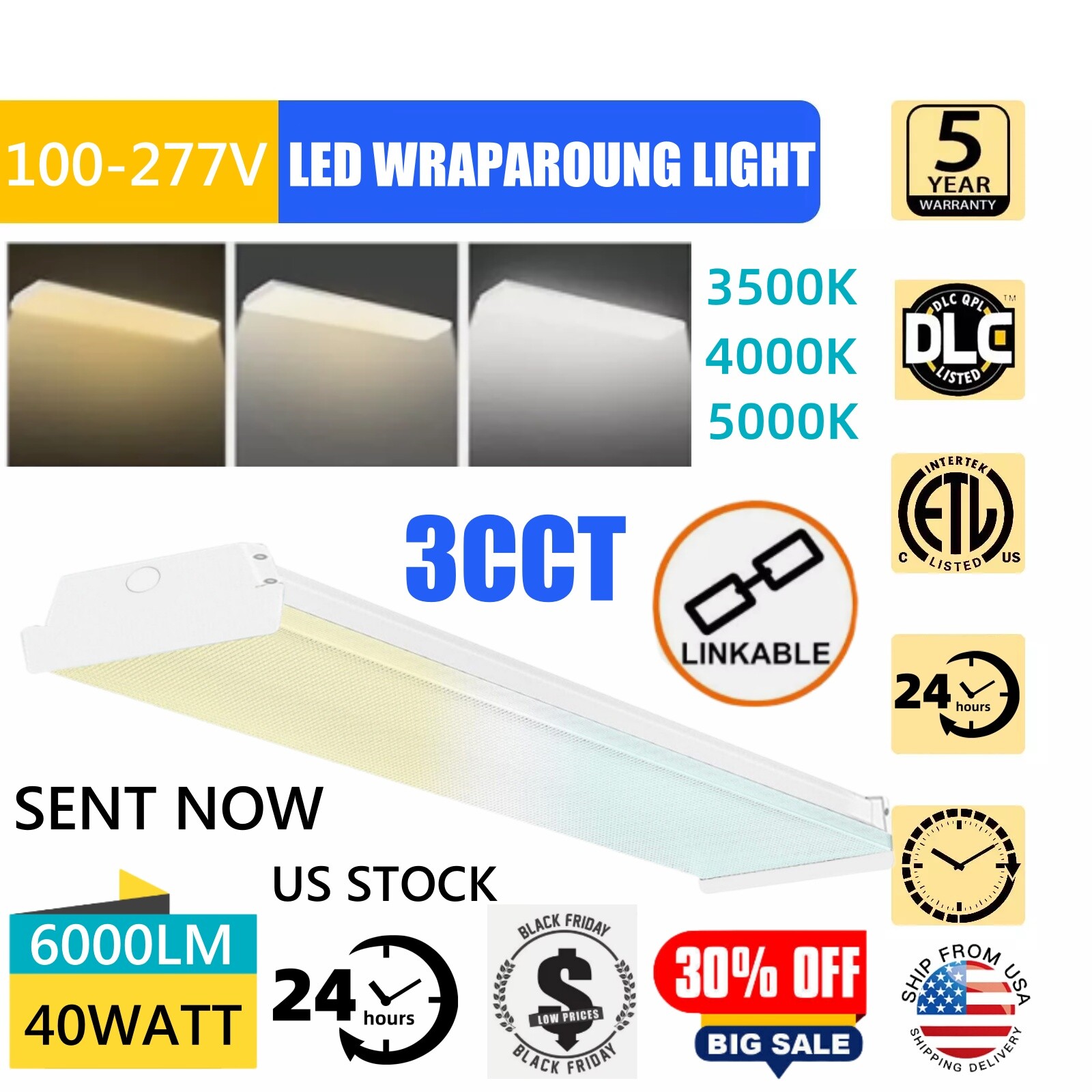 4FT 60W LED Wraparound Light, 6000lm Linkable 3500K/4000K/5000K LED Shop Lights gallery