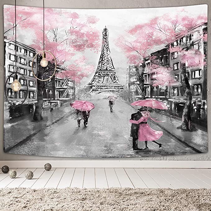Paris Eiffel Tower Tapestry Wall Hanging Pink Bedroom Dorm Decor 60x40 71x60in