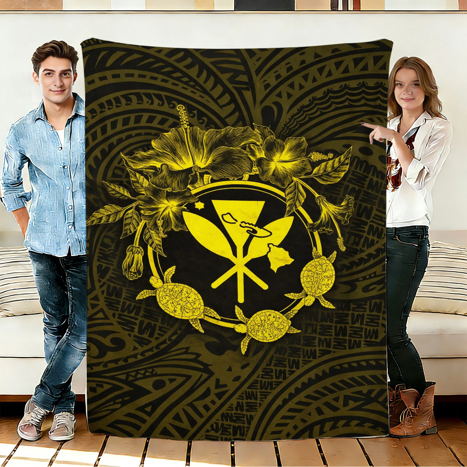 Hibiscus and Sea Turtle Flannel Blanket Soft Cozy Tapestry Napping Travel Use gallery
