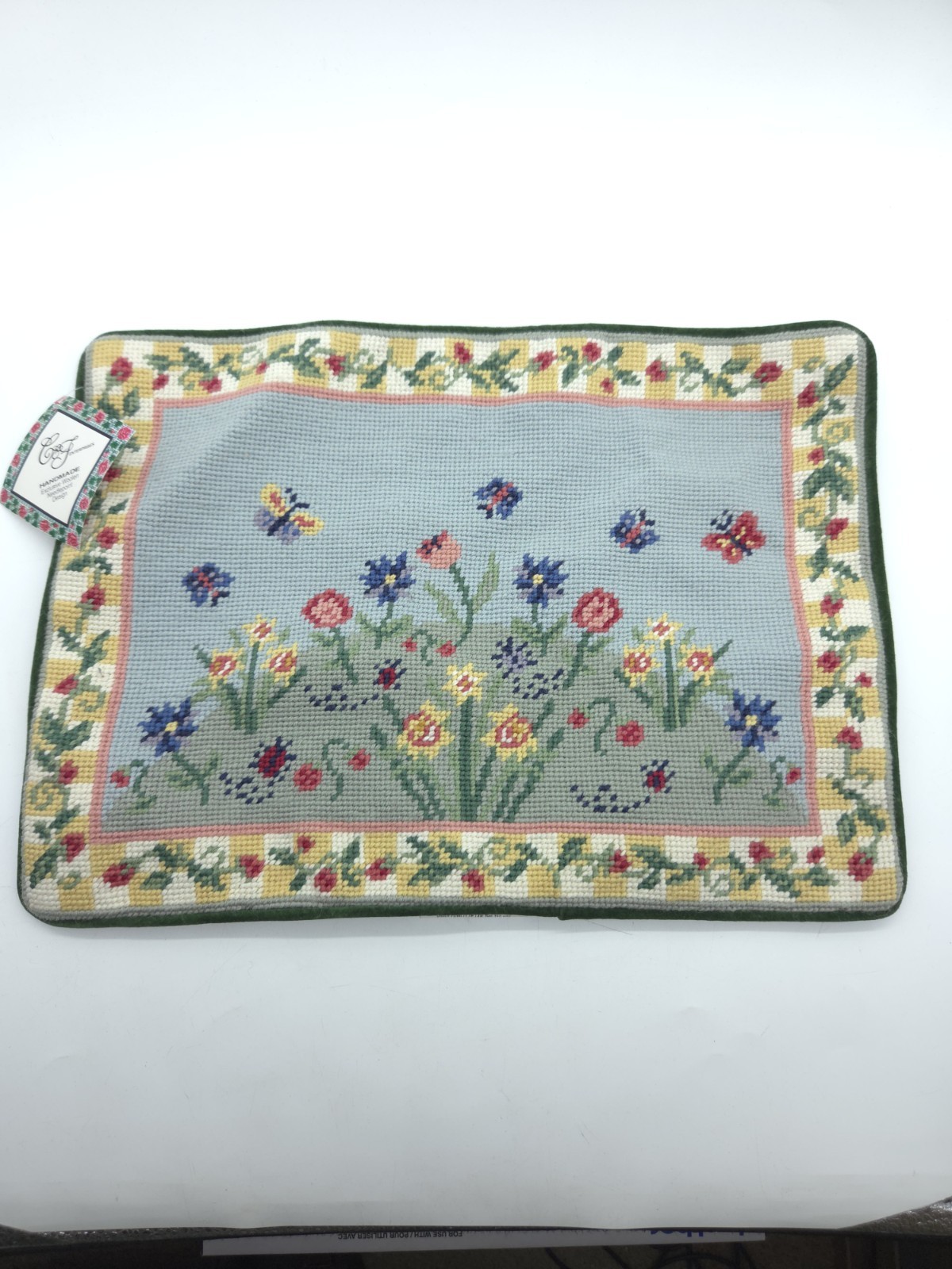 NEW Wool Floral Needlepoint Throw Pillow Cover Green Butterfly Garden 16x12 gallery