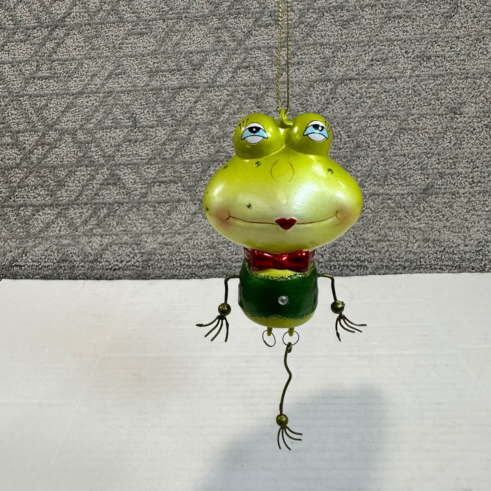 Whimsical Hanging Frog Ornament Green Red Bow Missing leg gallery