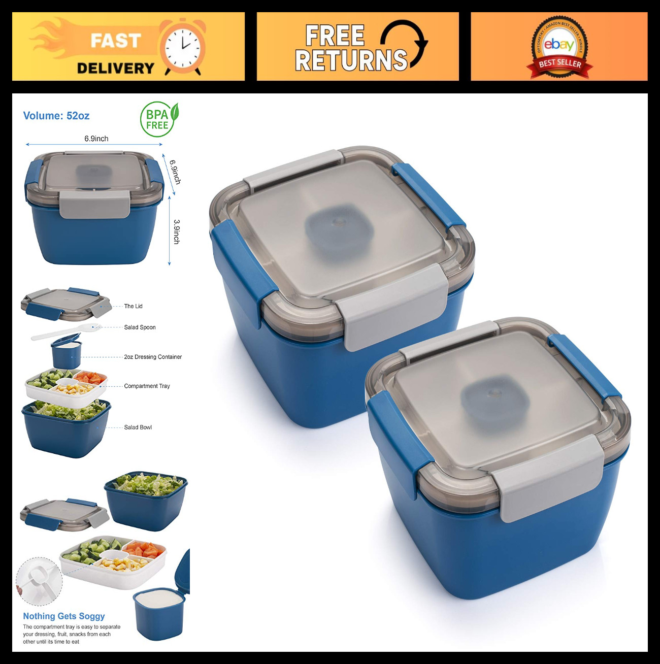 Salad Lunch Containers 52 oz - 3 Compartment Bowls with Dressing Container - To gallery