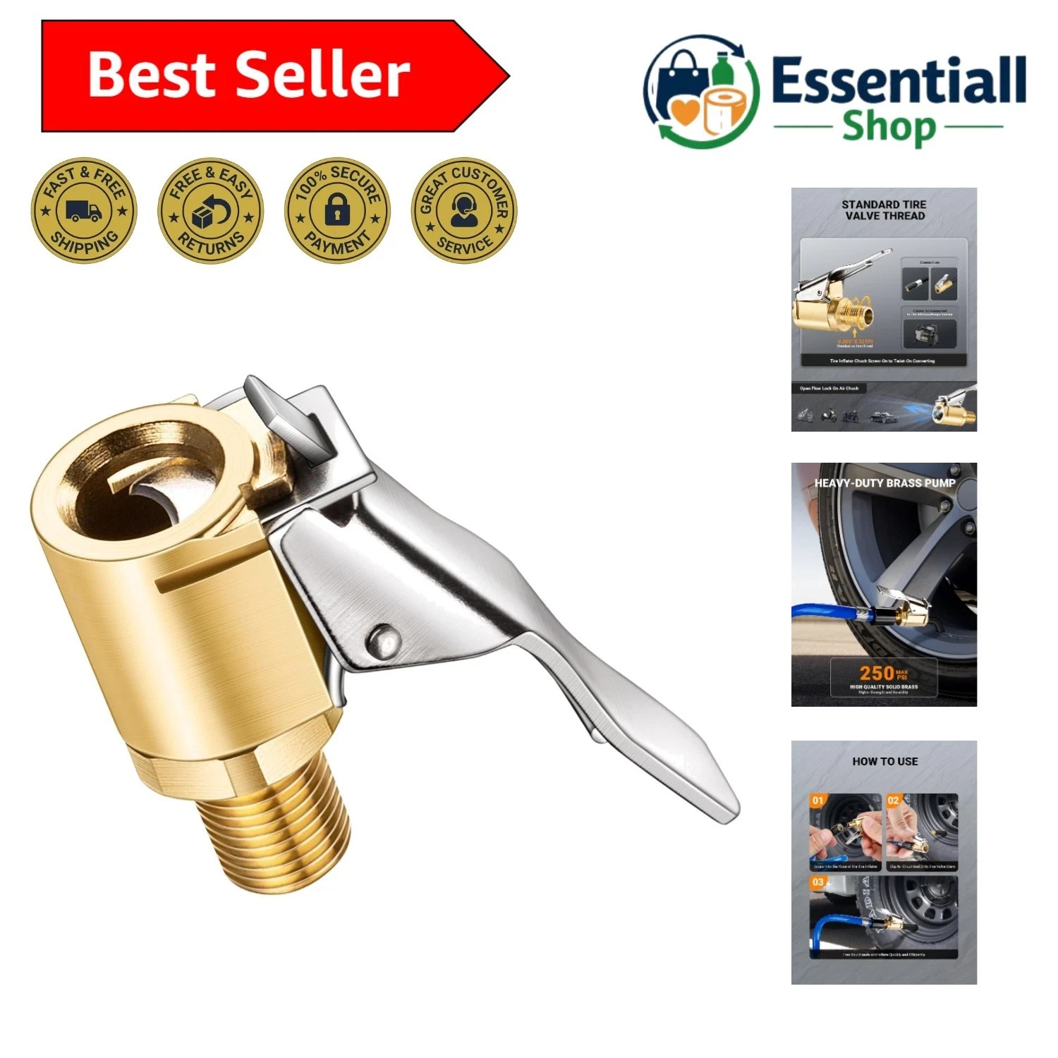 Brass Locking Tire Air Chuck, Tire Inflator Hose Adapter for Twist On Connect... gallery
