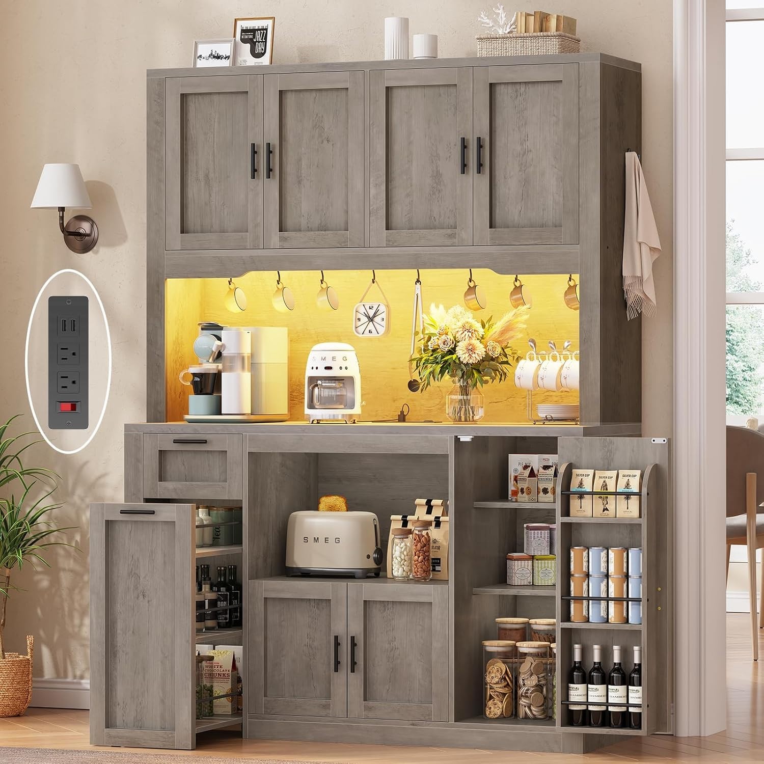 71" Pantry Cabinet, Kitchen Storage Cabinet with LED Light &Storage Cart 3 Tier gallery