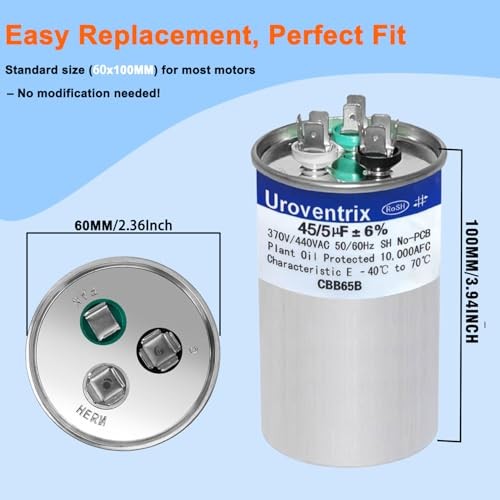 ±5% 370V/440VAC CBB65 Dual Run Start Capacitor for AC Unit Fan Motor, 45+5 uF gallery