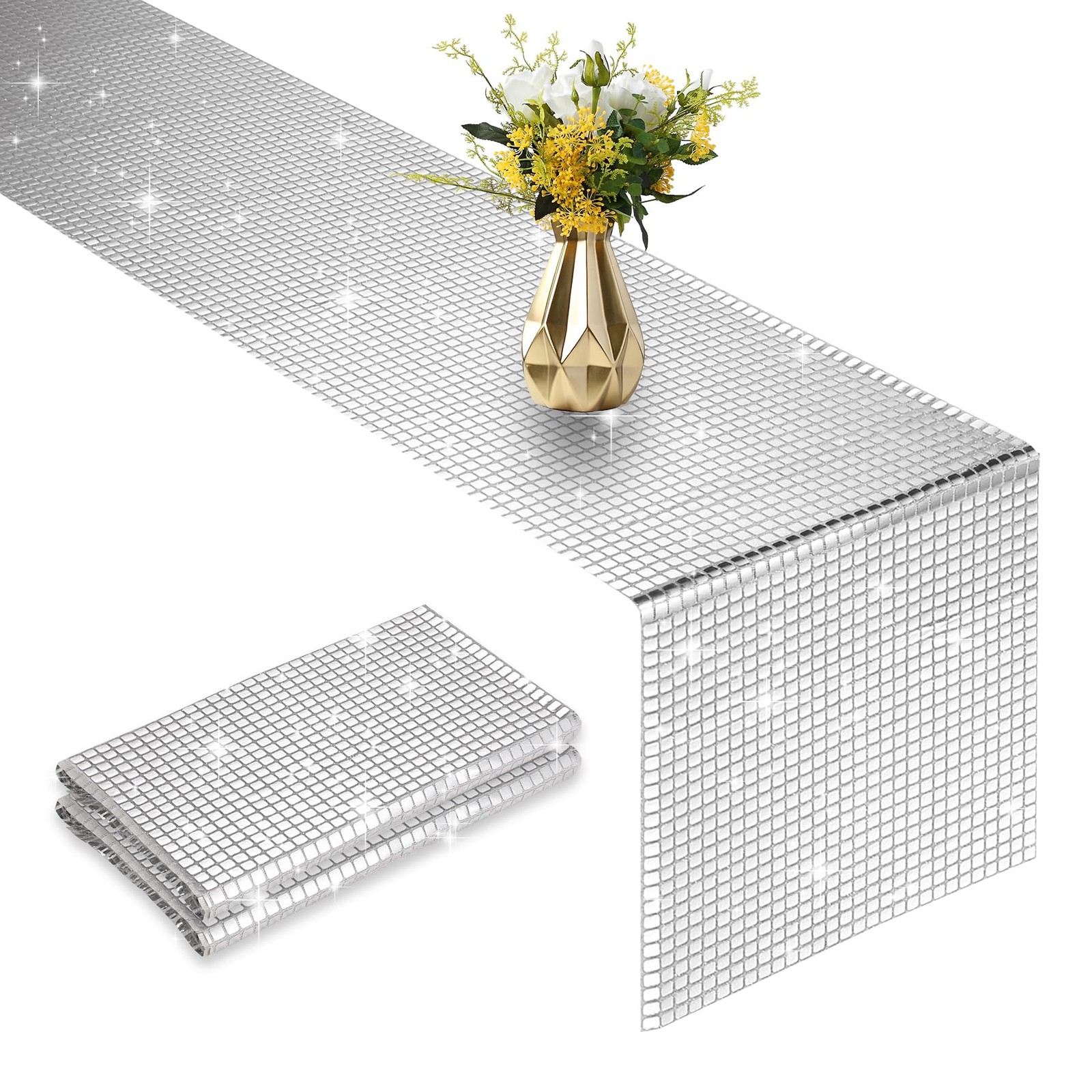 2 Packs 12x108 Inch Disco Table Runner Silver Glitter Foil for Bachelorette &... gallery