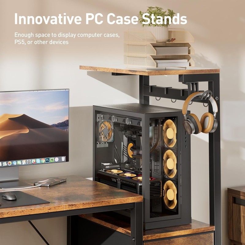 Gaming Desk with Led Lights , Outlets & 3 Drawers, Home Office Desk with Shelves gallery