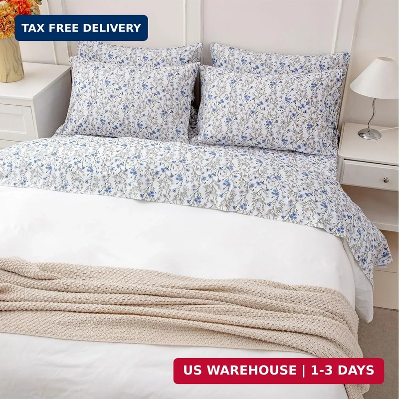 FADFAY 100% Cotton Percale Sheet Set California King - Blue Meadow Floral Beddin gallery