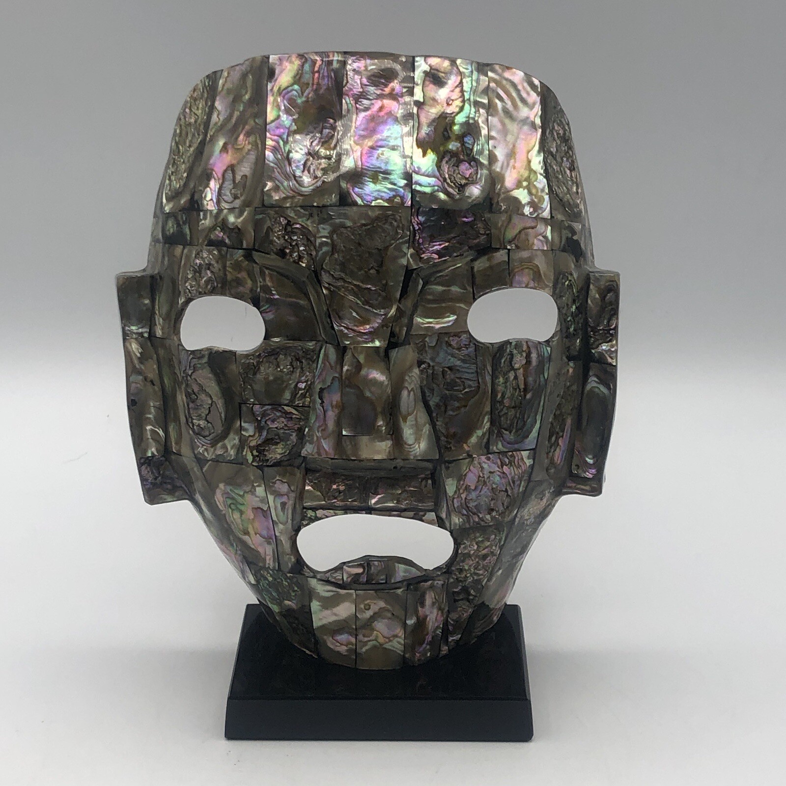 Abalone Shell Mask Sculpture on Black Weighted Base Vintage 1960’s gallery