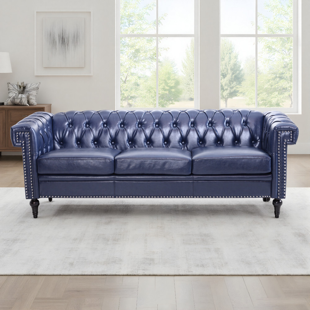 Chesterfield Faux Leather Sofa Button Tufted Couch With Nailhead Trim Square Arm gallery