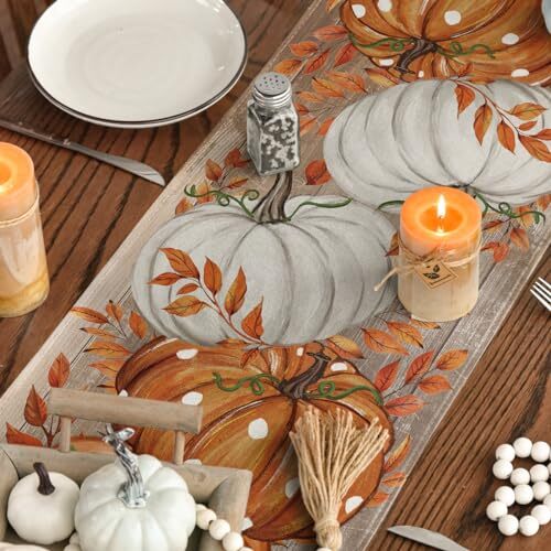 Polka Dot Pumpkin Eucalyptus Wood Fall Table 13" x 48", Table Runner Orange gallery