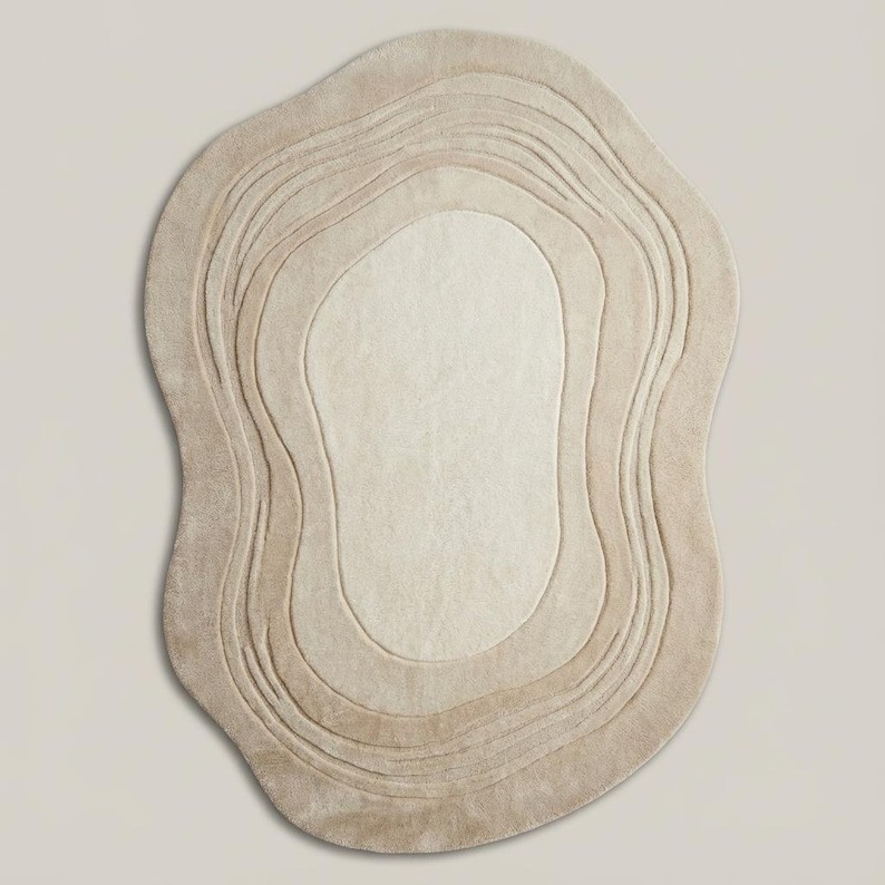 Hand Tufted Irregular Shape Rug – Minimalist Beige Area Rug, Tufted Wool Carpet gallery