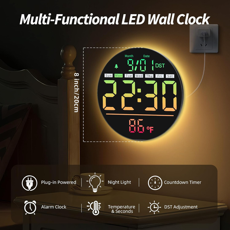Led Digital Wall Clock with Timer, Seconds, Temperature, Date, DST, Nightlight, gallery