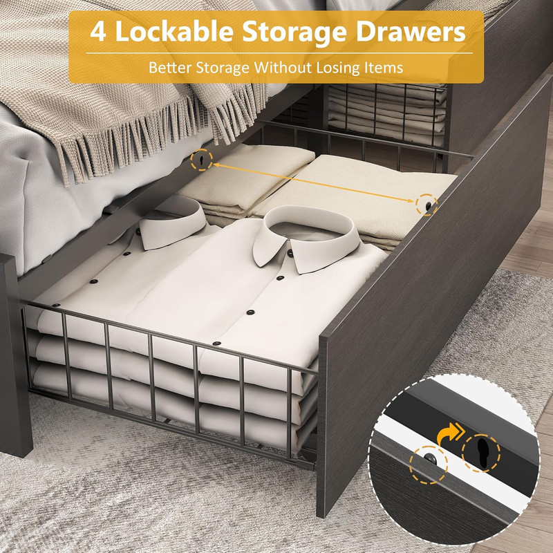 Rustic Grey Queen Bed Frame with Storage Headboard & Charging Station gallery