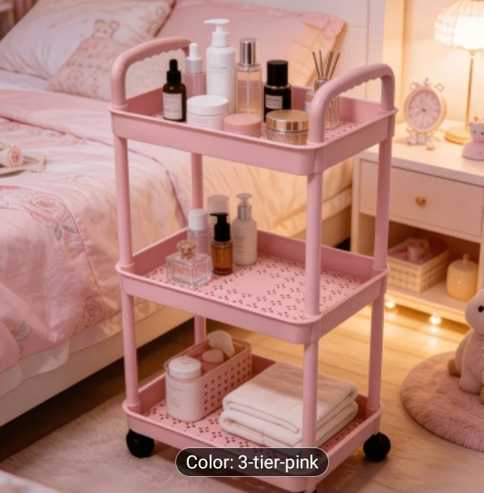 3-Tier [Pink+Blue+White] Plastic Rolling Storage Cart Shelves, Compact... gallery