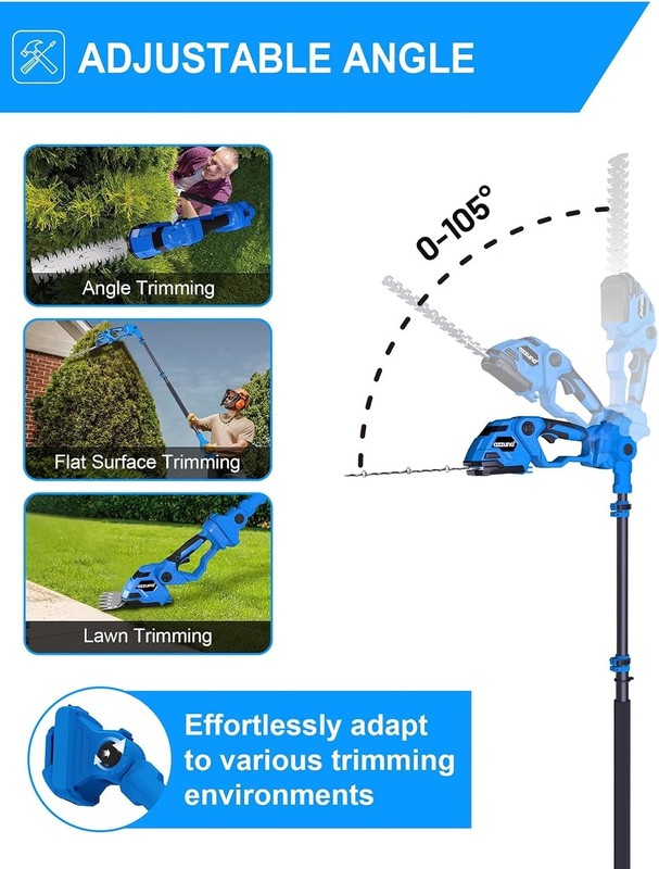 Extension Pole Hedge Trimmer & Grass Shear 15Ft Reach w/2 * 4Ah Battery for Yard gallery