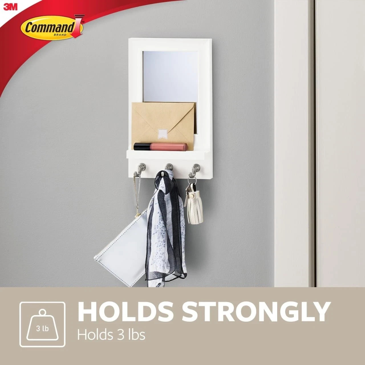 Command Mirror Organizer with 3 Key Hooks and Small Ledge Holds up to 2 lb gallery