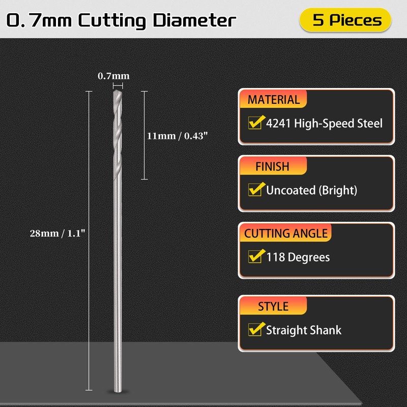 Drill Bit, 0.7mm Cutting Diameter, 4241 118° Uncoated Maintenance, 5-Pieces gallery