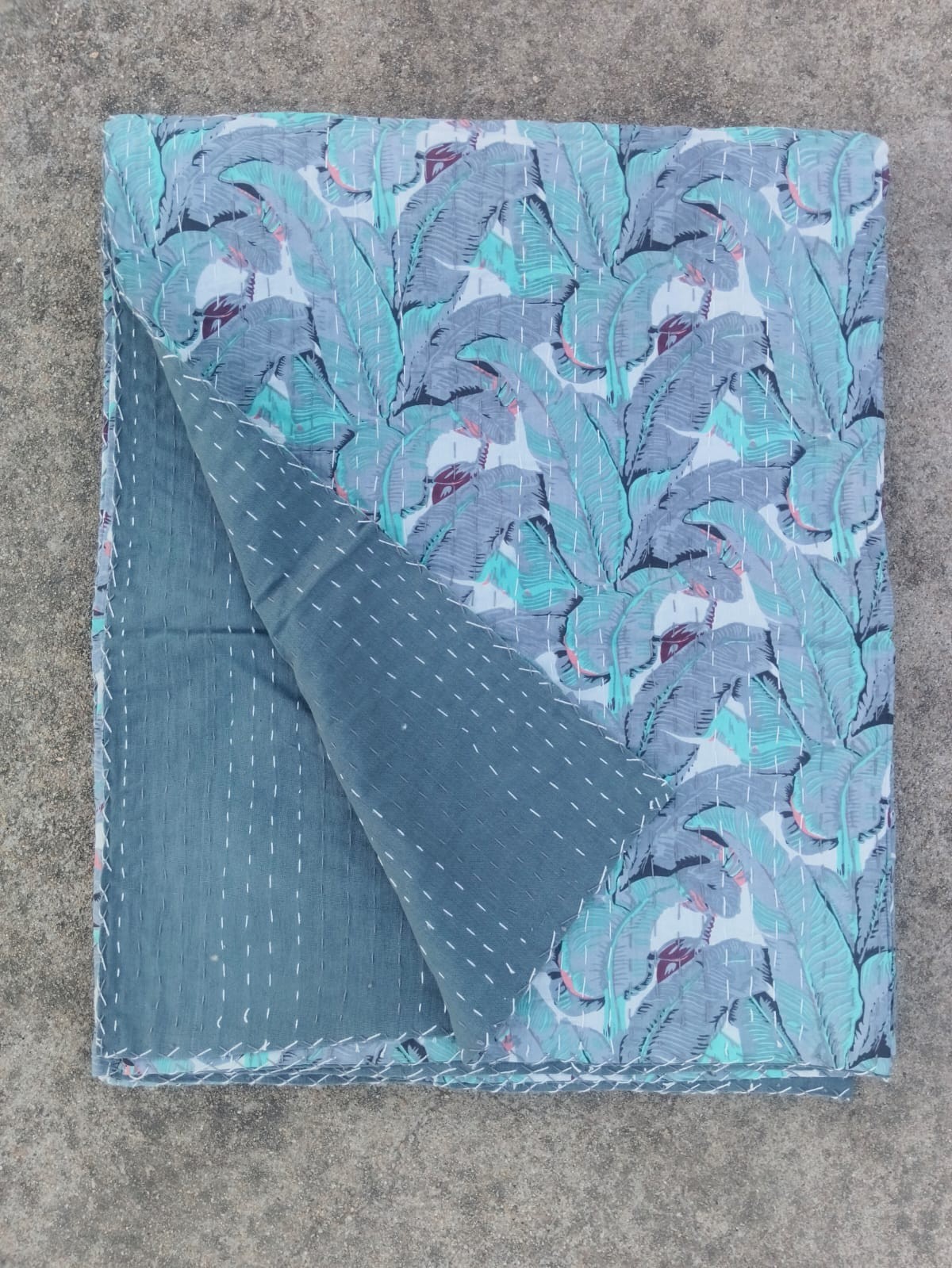 Indian Hand Block Banana Leaf Print Cotton Kantha Quilt Queen Size Blanket gallery