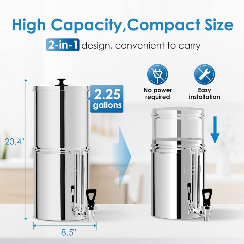 Waterdrop Gravity-fed Water Filter System, with 4 Filters, 2.25G Stainless-Steel gallery